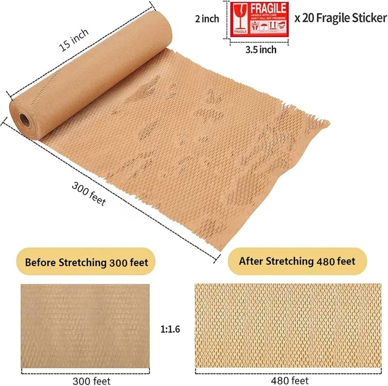 Qtheaes Honeycomb Packing Paper, 15"x300' Eco Friendly Packing Paper for Moving Recyclable Shipping Supplies Bubble Paper Wrapping Protective Roll, With 24 Fragile Sticker Labels - Image 2